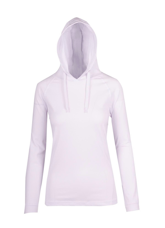 A white women's fusion T-shirt hoodie with a drawstring hood and long sleeves. It features a branding logo.