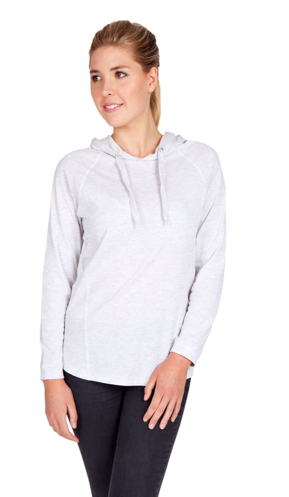 A light grey women's hoodie with a front pouch and drawstring hood, featuring a casual fit and long sleeves.