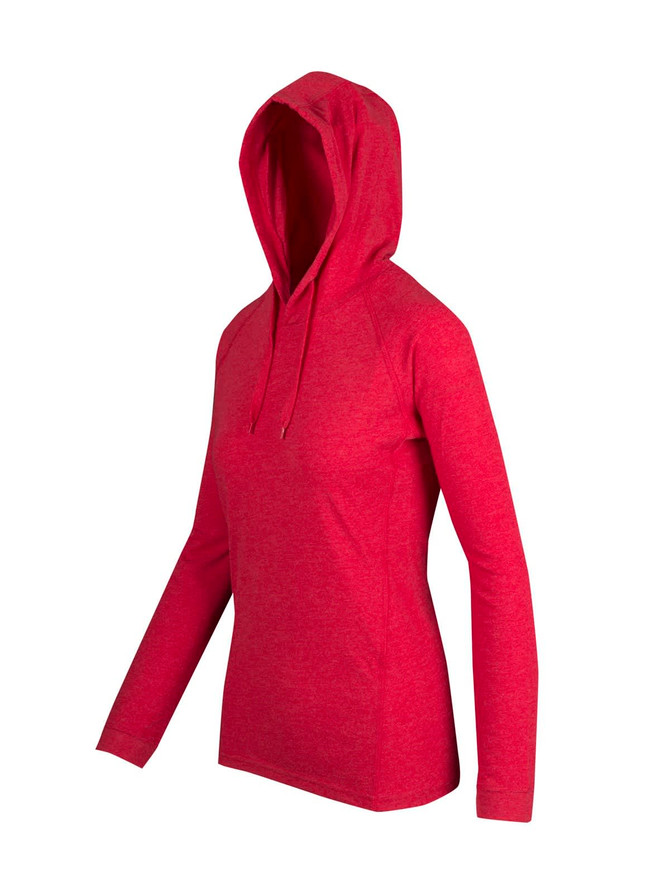 A red woman's hoodie with a hood and long sleeves, featuring a logo on the front.