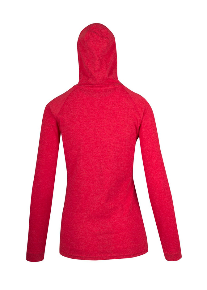 A red women's fusion T-shirt hoodie with a fitted design and long sleeves, featuring a hood at the back.