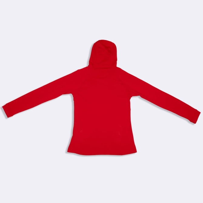 A red women's fusion T-shirt hoodie with long sleeves and a hood, featuring a logo.