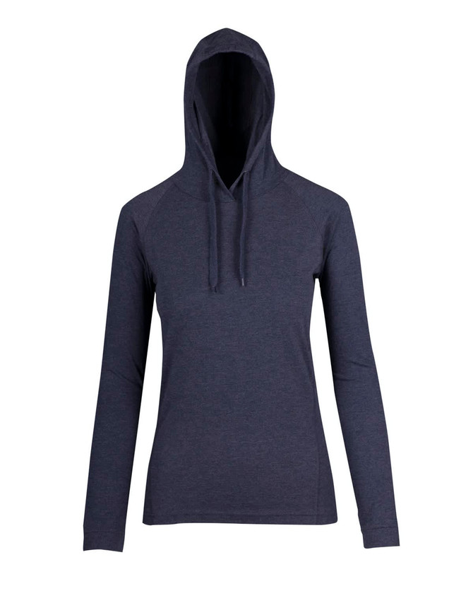 A navy women's fusion T-shirt hoodie with a front pocket and a hood. Features a logo on the front.