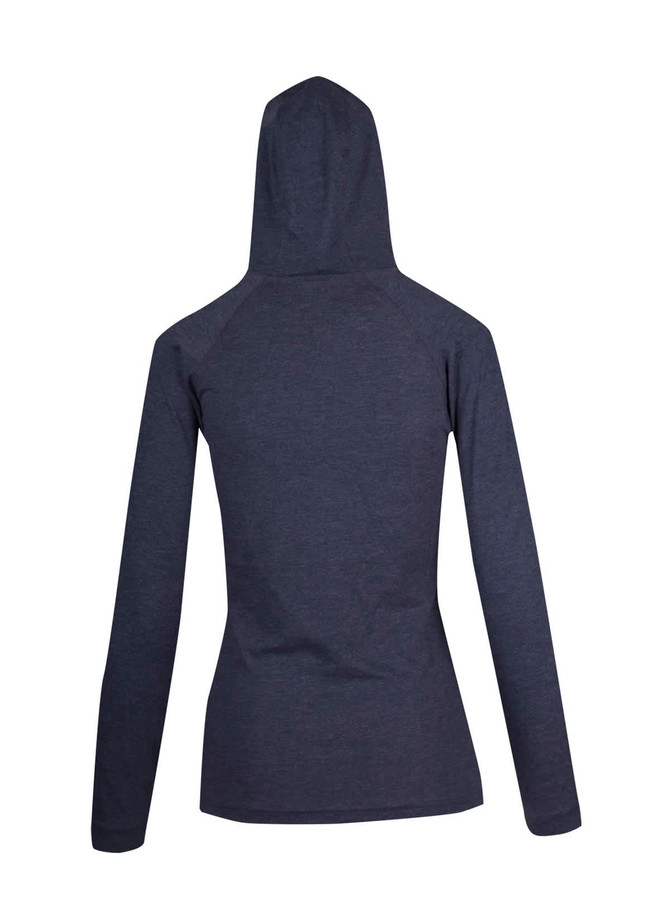 A women's fusion T-shirt hoodie in navy blue, featuring a fitted design and a hood, with a logo on the back.