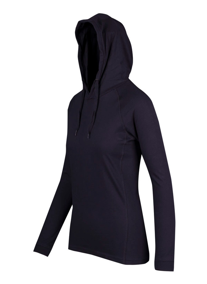 A women's fusion T-shirt hoodie in black, featuring a hood and long sleeves, with a logo.