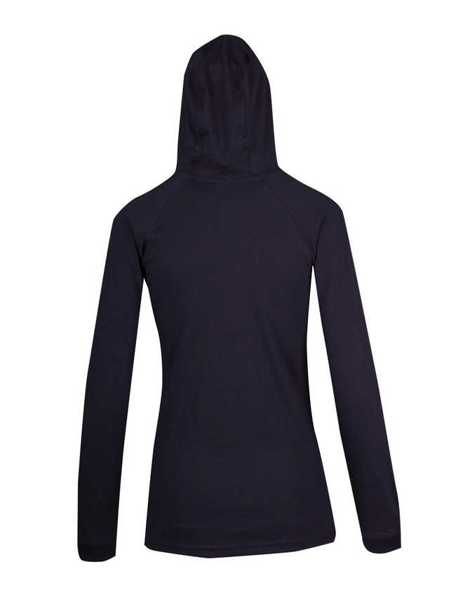A women's black fusion T-shirt hoodie featuring a hood and long sleeves, with a simple design and a logo.