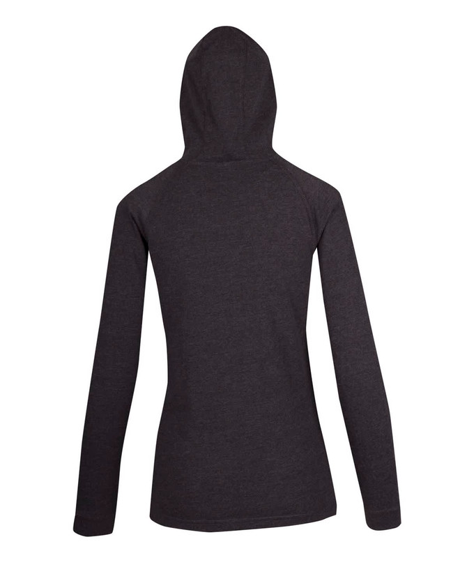 A women's hooded T-shirt in dark grey, featuring long sleeves and a stylish design. Includes a logo on the back.