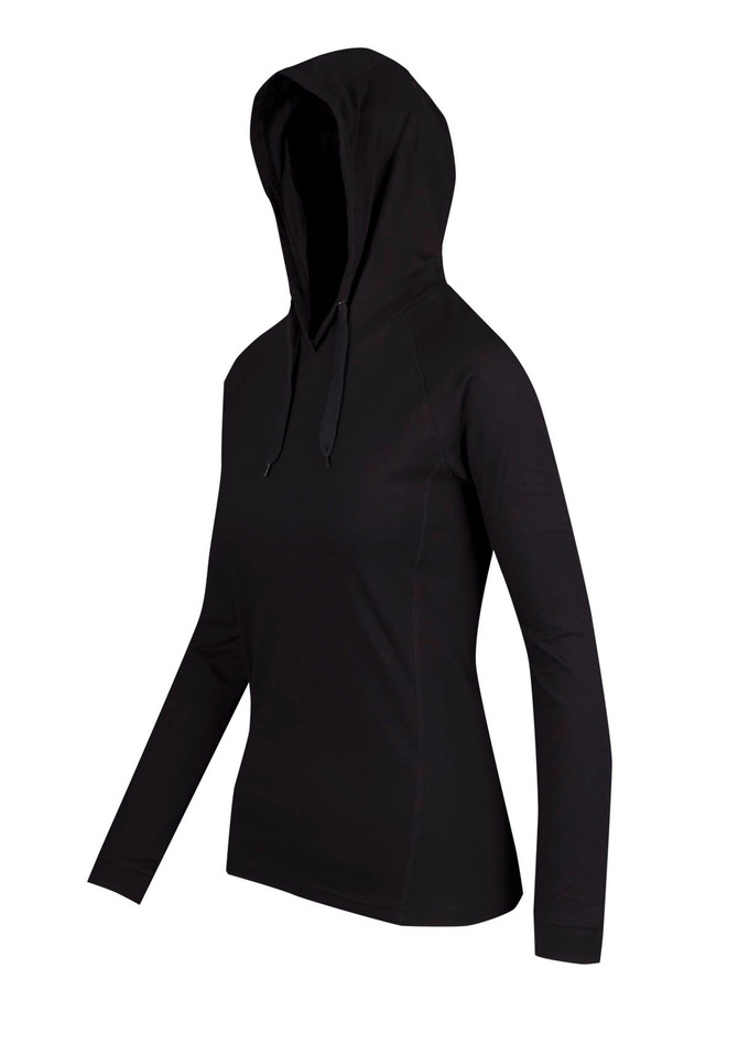 A black women's fusion T-shirt hoodie with long sleeves and a drawstring hood. It features a logo.