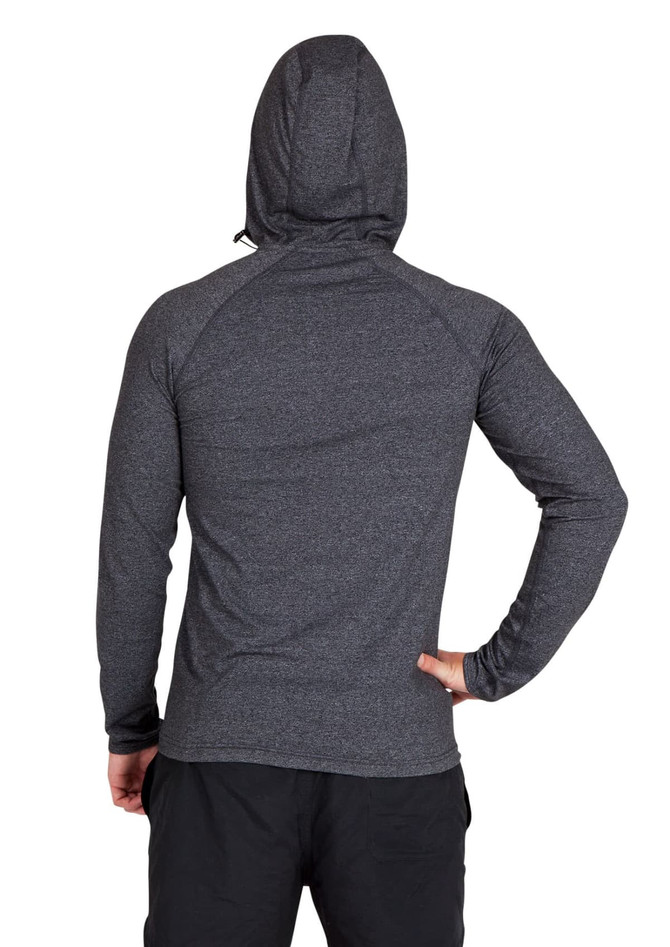 A grey half-hood top for men, featuring a hood and long sleeves, with a logo on the back.