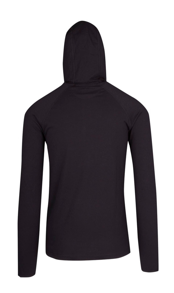 A black half-hooded jumper with long sleeves, featuring a simple, sleek design and a logo on the back.
