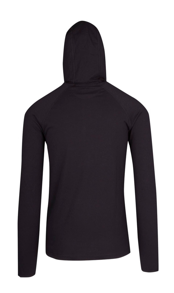 A black half-hooded jumper with long sleeves, featuring a simple, sleek design and a logo on the back.