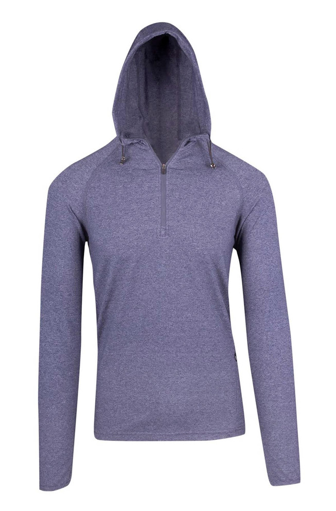 A grey half-hood top featuring a zippered front and a hood. The design includes long sleeves and a logo.