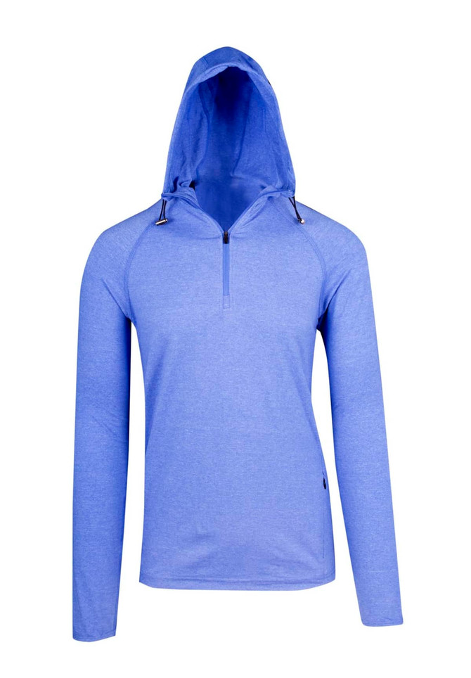 A blue half-hood top featuring a zippered neckline and a hood, with long sleeves. It has a logo on it.