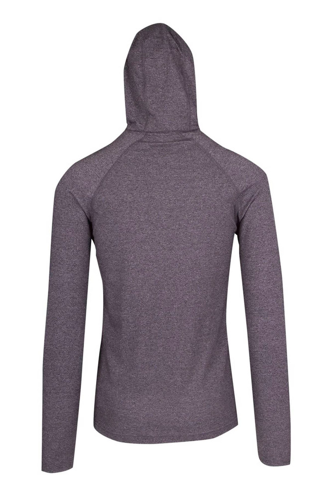 A men's half-hood top in dark grey, featuring long sleeves and a hood, with a logo on the back.