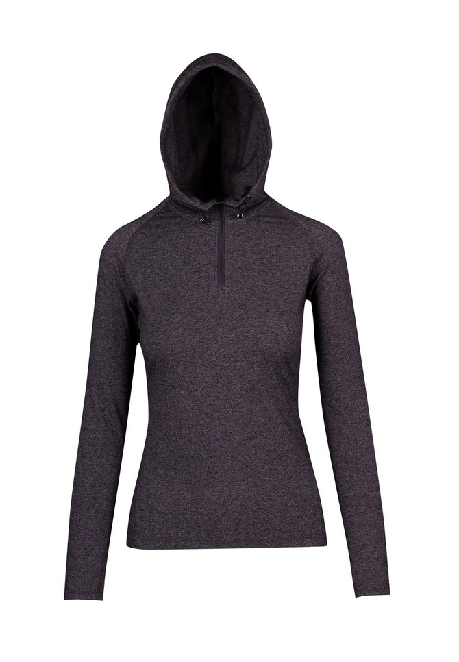 A dark grey hoodie with a half-zip and hood, featuring a fitted design and long sleeves. It has a logo.