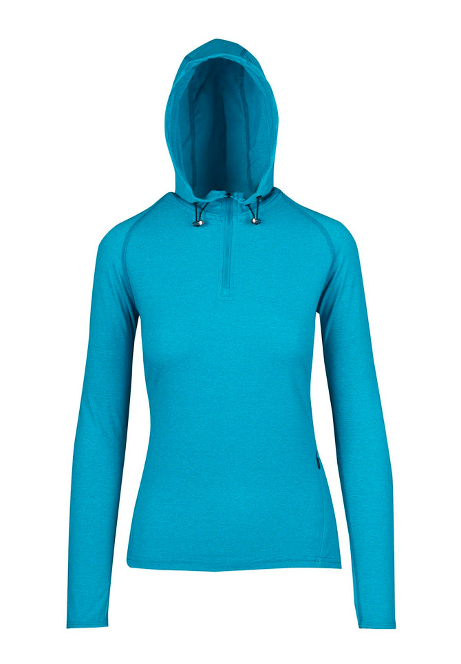 A turquoise women's half-hood top with long sleeves and a zippered neck, featuring a logo.