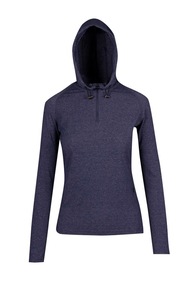 A women's half-hood top in navy blue with a zipper and a logo on the side. Features long sleeves and a hood.