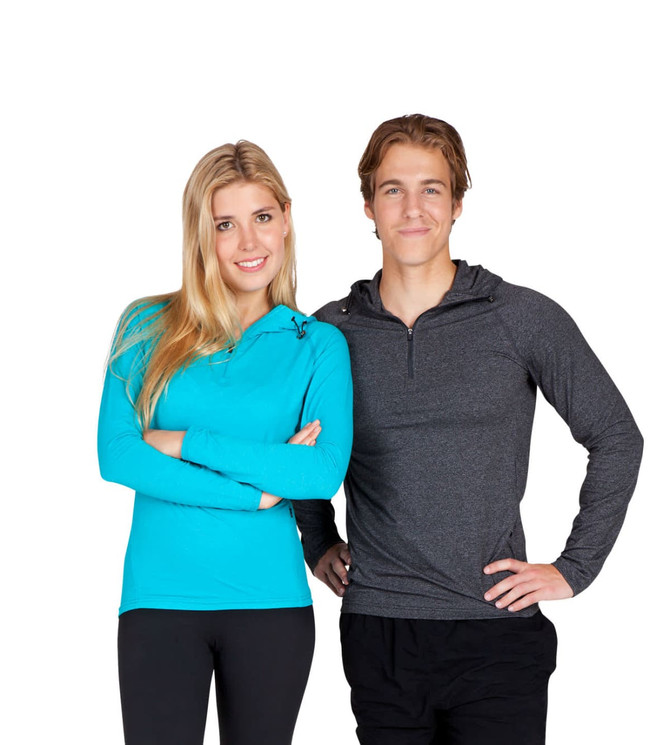 A turquoise women's half-hood top alongside a dark grey men's hoodie, both featuring logos.