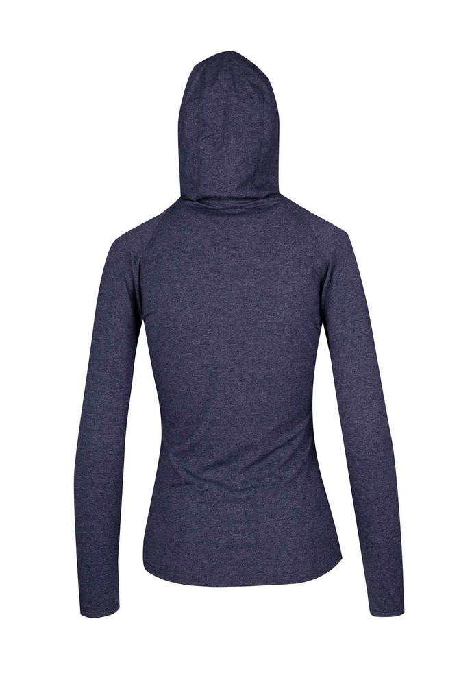 A navy women's half-hood top with a fitted design and long sleeves, featuring a back view.