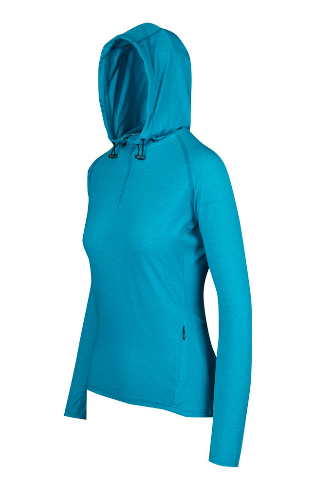 A teal half-hood top for women, featuring long sleeves and a comfortable fit, with a logo on the side.