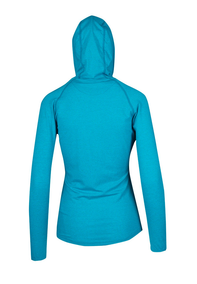A turquoise hoodie with a fitted silhouette and a hood, featuring long sleeves and a smooth texture.