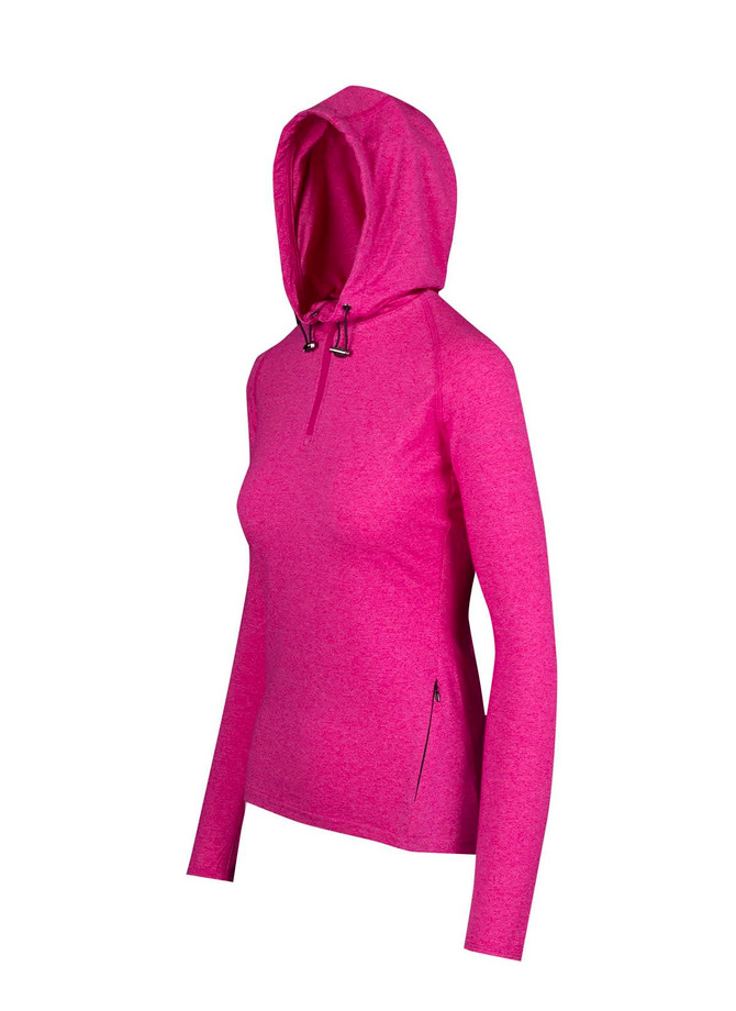 A vibrant pink half-hood top with a fitted design and long sleeves, featuring a zipper pocket and a hood.