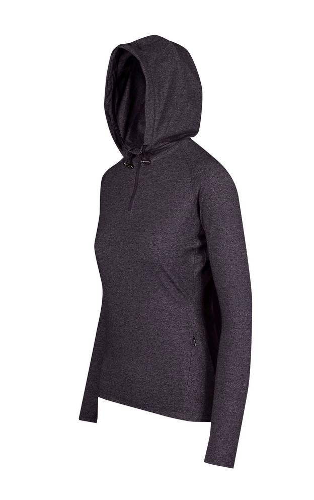 A dark grey half-hooded top for women, featuring long sleeves and a fitted design. It has a logo on the garment.