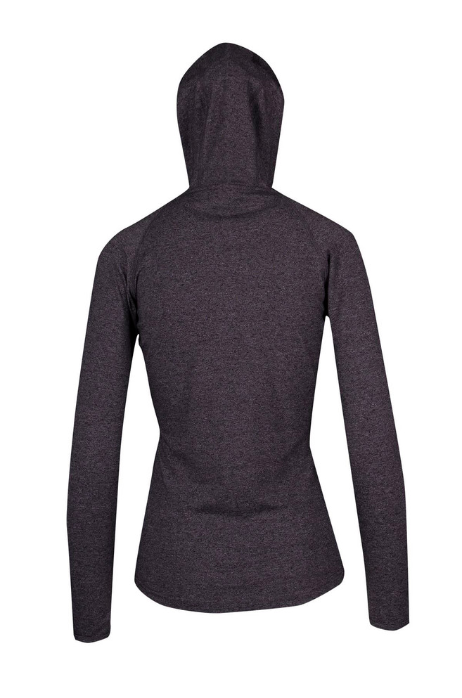 A women's half-hood top in dark grey, featuring a fitted silhouette and a hood at the back.