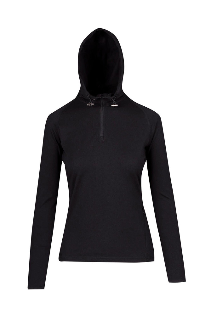 A black half-hood top with long sleeves and a half zipper, featuring an adjustable hood and a logo.