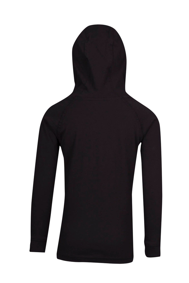 A black kids' fusion t-shirt hoodie with a back view, featuring a hood and long sleeves.