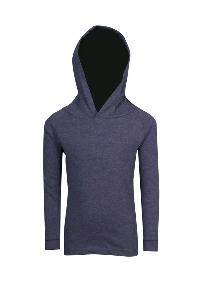 A dark grey hoodie with a simple design and a pointed hood for kids. Features a logo on the front.