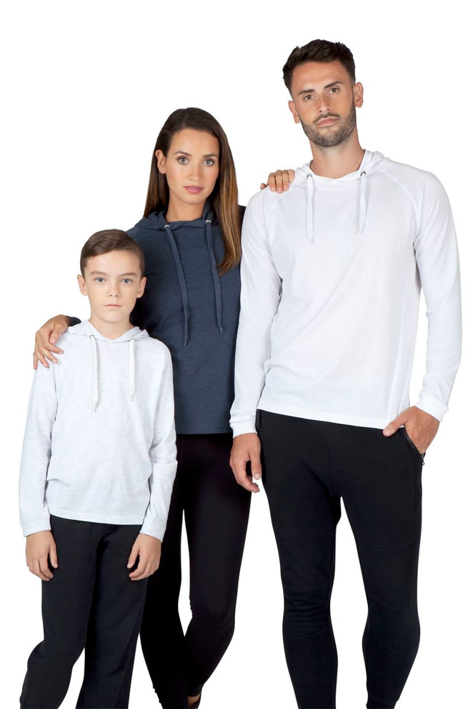 A group wearing KIDS FUSION TSHIRT HOODIES in white and navy, featuring a hood and relaxed fit.