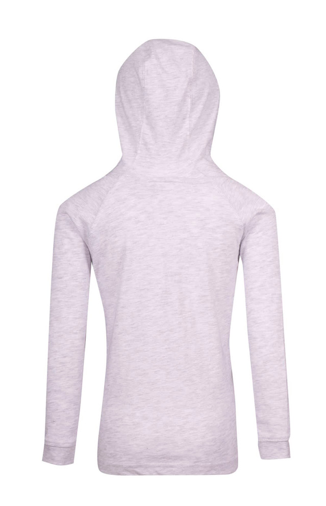 A grey hoodie with long sleeves and a hood, viewed from the back. Features a branding logo.