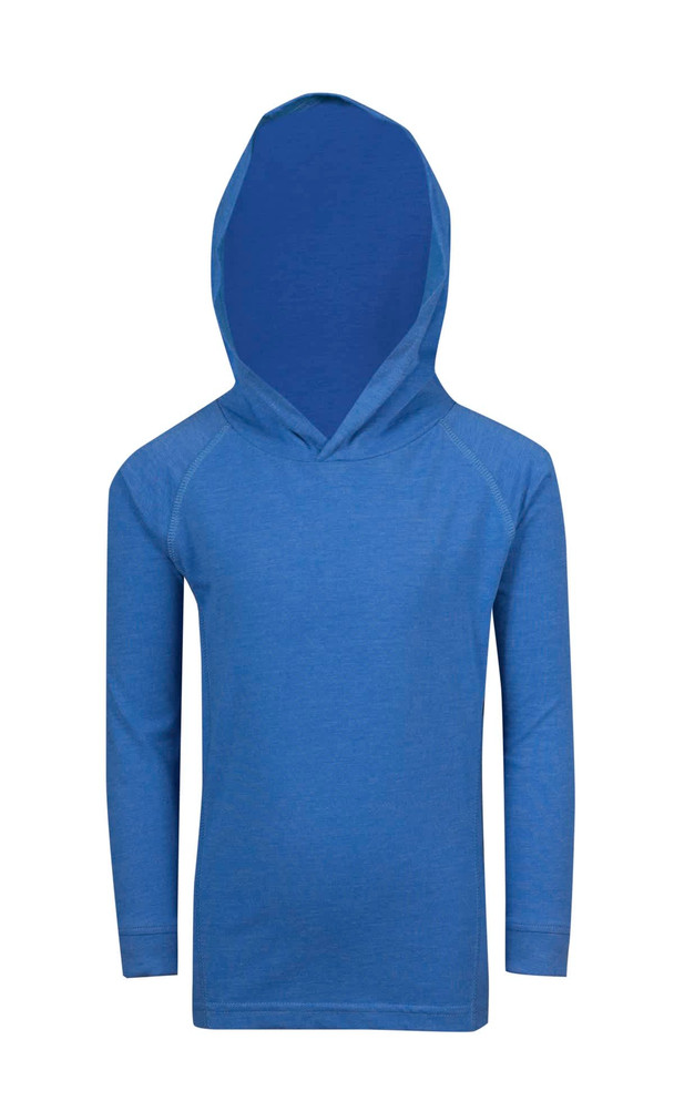 A blue long-sleeve hoodie featuring a large hood and a comfortable fit, designed for kids. It has a logo.