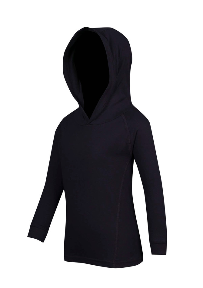 A black hoodie for kids, designed with long sleeves and a front kangaroo pocket. It features a hood and a logo.