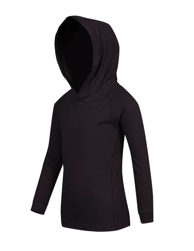 A black kids' hoodie with a hood and long sleeves, featuring a simple design and a logo.