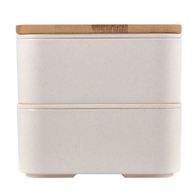 A beige eco-friendly lunch box with a natural wood lid and a logo on the side.