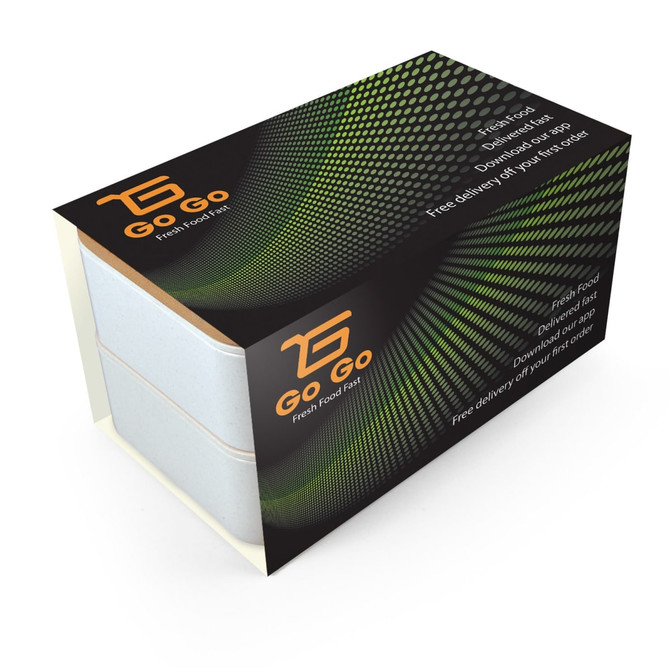 A lunch box with a sleek design featuring a black and green color scheme and a logo.