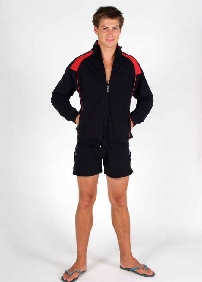 A man wearing a black and red unbrushed contrast track jacket, paired with black shorts and flip-flops.