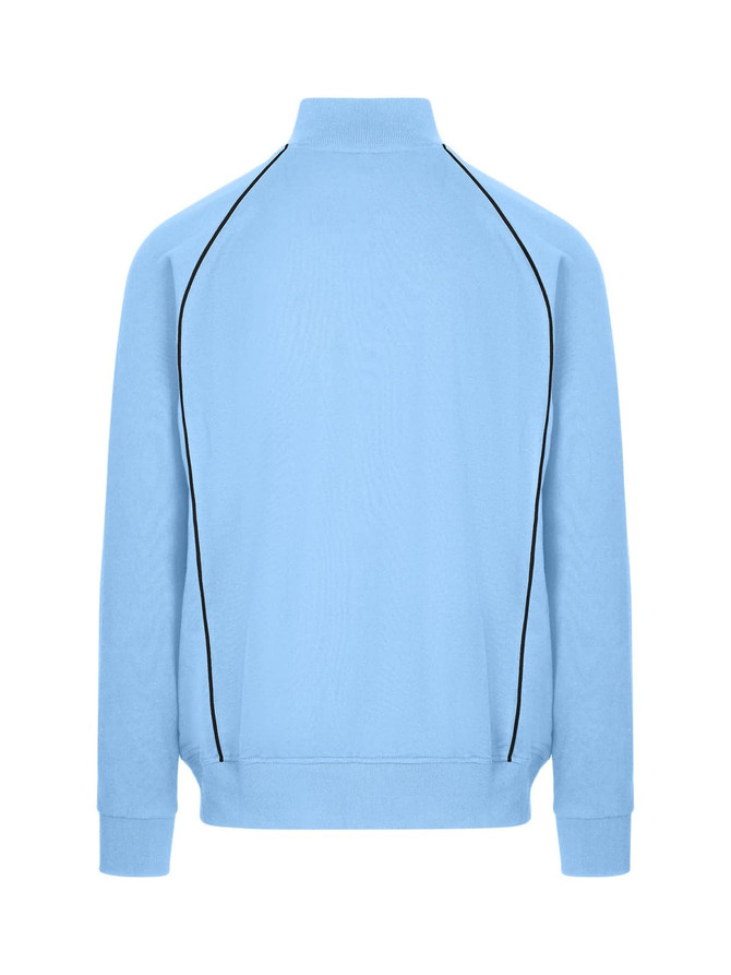 A men's unbrushed contrast jacket in light blue with black piping details. Features a high collar and long sleeves.