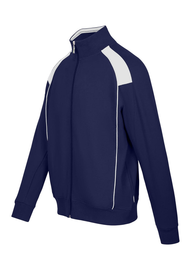 A navy blue men's unbrushed contrast jacket with white detailing and a zip front. Features a logo on the chest.