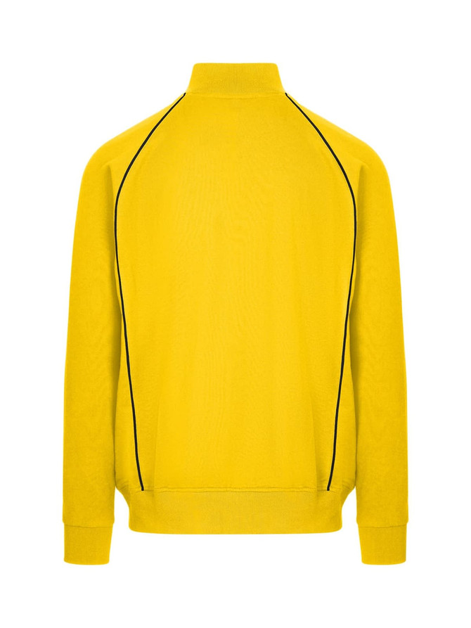 A yellow men's unbrushed contrast jacket featuring black piping along the seams. The jacket has a stand-up collar.