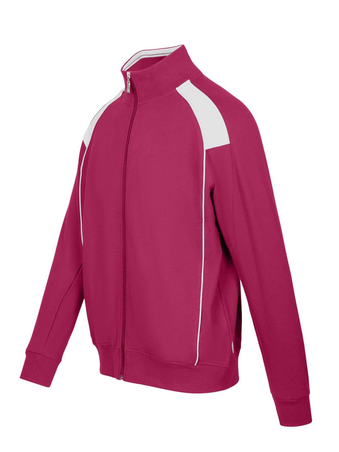 A men's unbrushed track jacket in pink with white contrast detailing and a zip-up front. It features a logo.