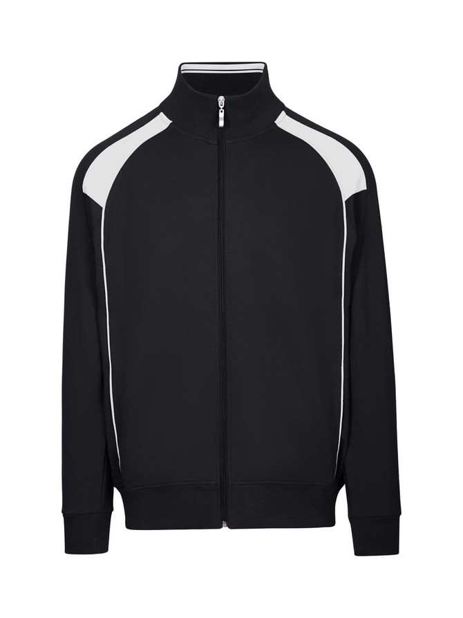 A black men's unbrushed contrast jacket featuring white detailing and a zip front, with a logo on the chest.