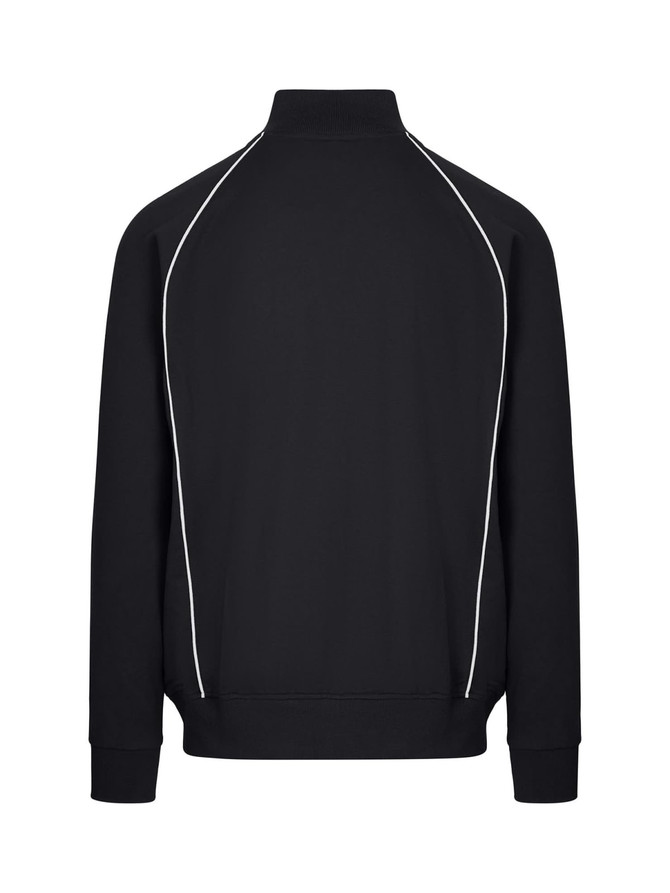 A black men's unbrushed contrast track jacket featuring white piping and a high collar, with a logo on the back.