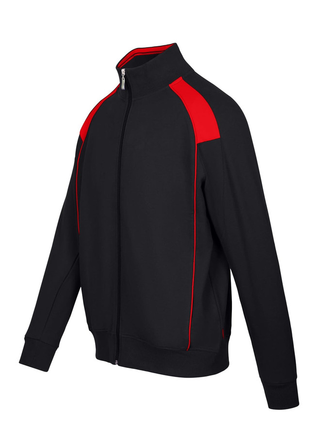 A black track jacket with red contrast detailing and a zip front, featuring a logo on the chest.