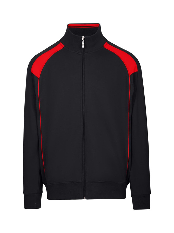 A black men's unbrushed contrast jacket with red detailing and a zip front. Features a logo on the chest.