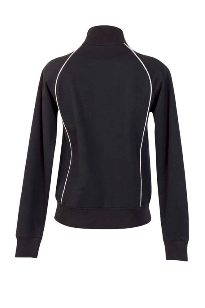 A black women's/juniors unbrushed contrast jacket featuring white detailing and a high collar, with a logo on the back.