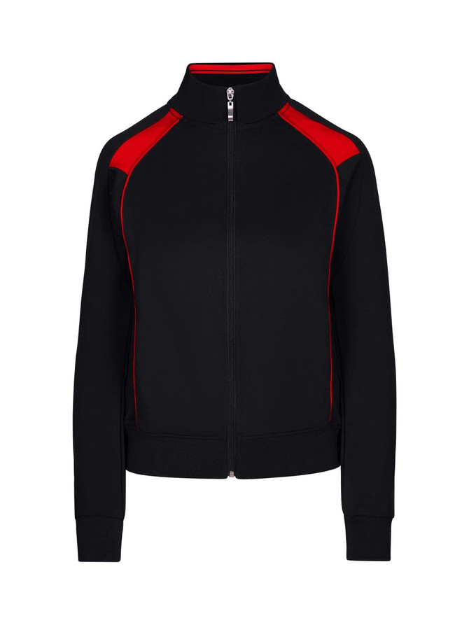 A women's unbrushed contrast jacket in black with red accents, featuring a full zip and a stand collar.
