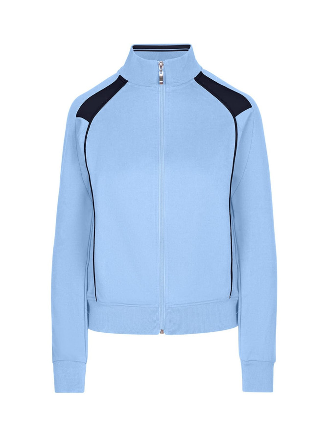 A women's unbrushed contrast jacket in light blue with navy accents and a zip front. Features a logo on the design.