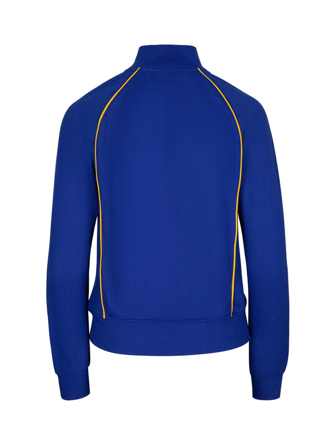 A blue unbrushed contrast jacket featuring yellow piping and a high collar, with a logo on the back.